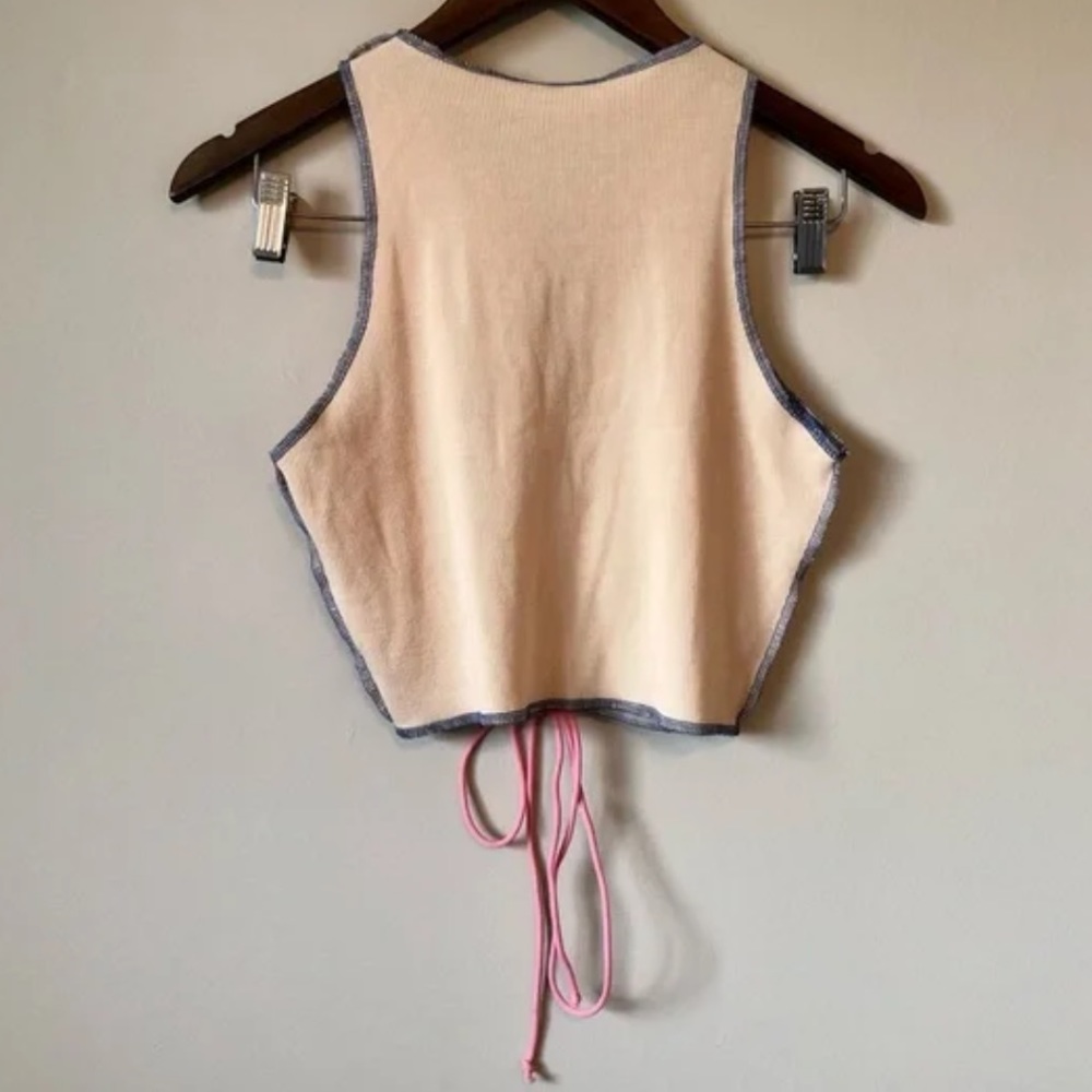 Shein Lace Tie Up Patchwork Cleavage Cropped Sleeveless Crop Tank Top Cream - Picture 6 of 11